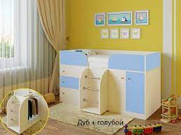 Кровать-чердак Малыш-4 Дуб молочный/Голубой в Колпашево - kolpashevo.katalogmebeli.com | фото