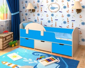 Кровать Малыш-мини с бортиком Дуб молочный/Голубой в Колпашево - kolpashevo.katalogmebeli.com | фото