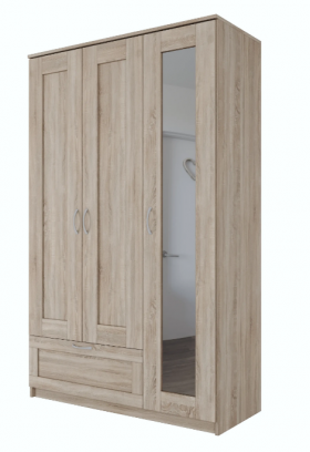 Шкаф трехдверный Сириус с зеркалом и 1 ящиком дуб сонома в Колпашево - kolpashevo.katalogmebeli.com | фото